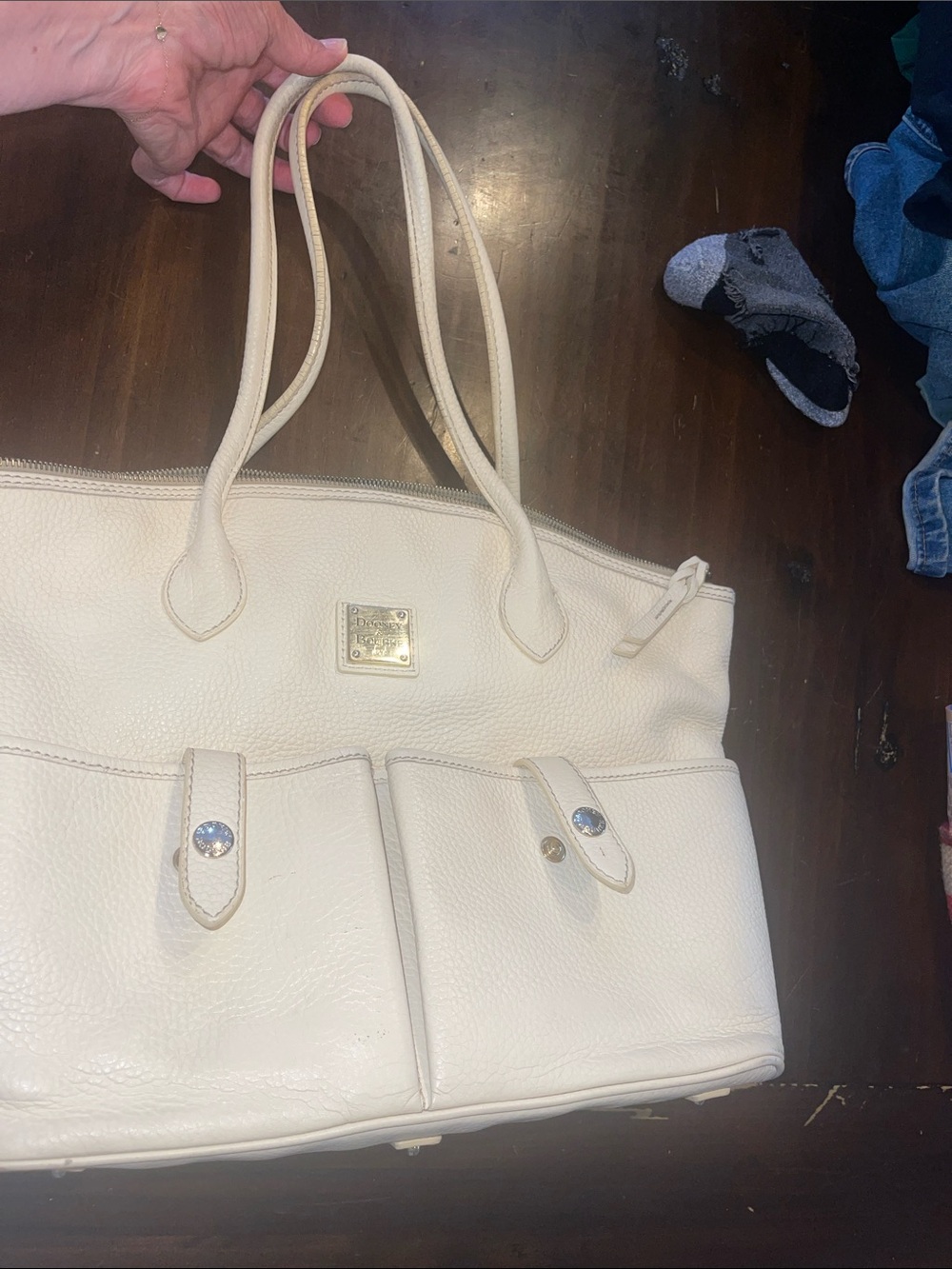 Cream Leather Tote Bag with Front Pockets